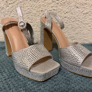 Rhinestone Thick-Wedge High Heels